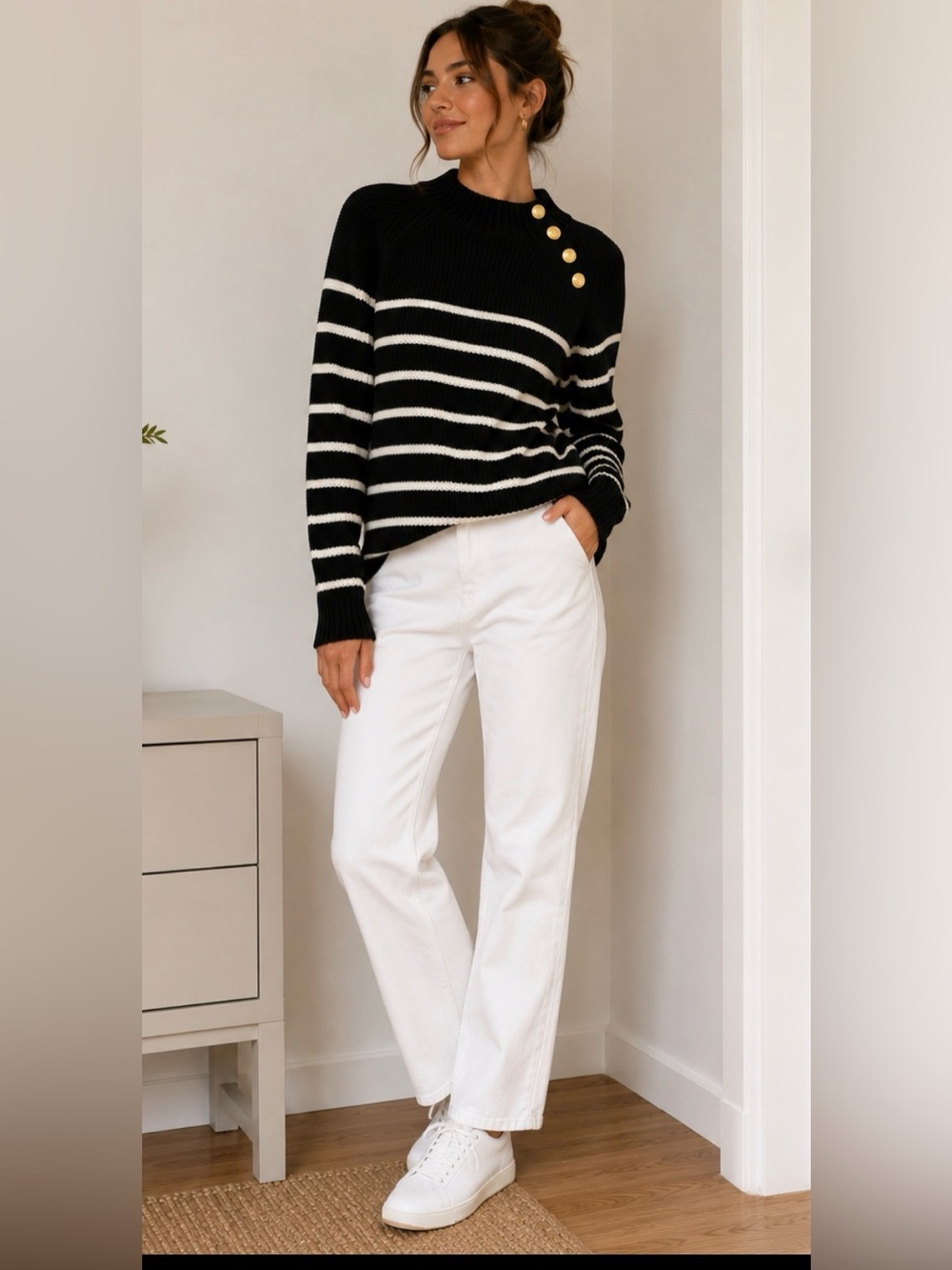 J. Crew Black & White Striped Button-Shoulder Sweater